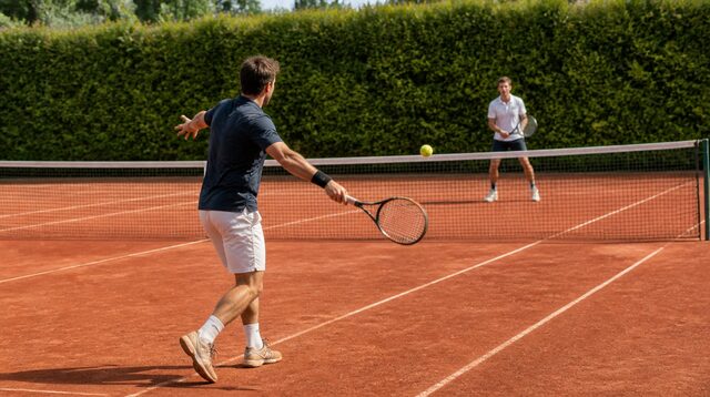 Partita di doppio su un campo da tennis in terra rossa